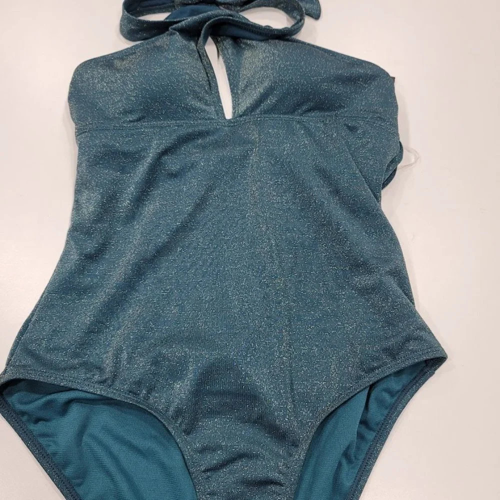 Jones New York One Piece Halter Swimsuit Teal W/ Shimmer